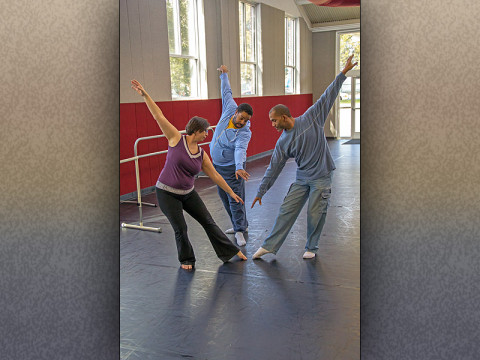 APSU assistant professor of dance Margaret Rennerfeldt, associate professor of dance Marcus Hayes and chair of the APSU Area of Theatre and Dance Brian Vernon inside one of the APSU dance studios. 