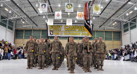 U.S. Army Lt. Col. Scott W. Kirkpatrick, commander of 2nd Battalion, 506th Infantry Regiment, 4th Brigade Combat Team, 101st Airborne Division (Air Assault), leads the last group of soldiers, consisting mainly of soldiers with Easy Company, 2nd Bn., 506th Inf. Regt., who returned home in the early hours of Jan. 26, 2014, marking the end of an era for the brigade. (Sgt. Kimberly K. Menzies, 4th Brigade Combat Team Public Affairs)