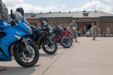 Soldiers with the 101st Sustainment Brigade, 101st Airborne Division, conduct inspections on their motorcycle during pre-riding check and training session to kick off the Motorcycle Safety Month on May 6, 2015. (Sgt. 1st Class Mary Rose Mittlesteadt, 101st Sustainment Brigade, 101st Airborne Division Public (Air Assault) Affairs)
