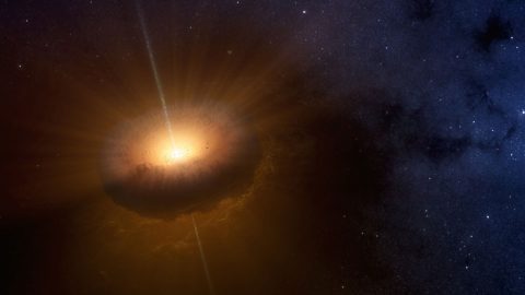 An unusual celestial object called CX330 was first detected as a source of X-ray light in 2009. It has been launching "jets" of material into the gas and dust around it. (NASA/JPL-Caltech)