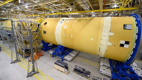 The forward part and liquid hydrogen tank for the core stage were connected to form most of the massive core stage that will propel the SLS rocket on the first Artemis 1 mission to the Moon. (NASA/Eric Bordelon)