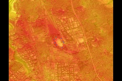 This image shows the ECOSTRESS land surface temperature variations measured on May 22, 2020, during the full lockdown period over an area centered on the Great Mall in Milpitas. The blue dots represent ground truth measurements on May 22 in large vacant parking lots. The darkish reddish shades show the highest temperatures on dark asphalt parking lots and roadways, and the yellow-greenish shades indicate lower temperatures in parklands and semi-vegetated areas. Bright white rooftops are in the middle shades. (Christopher Potter, NASA Ames Research Center) This image shows the ECOSTRESS land surface temperature variations measured on May 22, 2020, during the full lockdown period over an area centered on the Great Mall in Milpitas. The blue dots represent ground truth measurements on May 22 in large vacant parking lots. The darkish reddish shades show the highest temperatures on dark asphalt parking lots and roadways, and the yellow-greenish shades indicate lower temperatures in parklands and semi-vegetated areas. Bright white rooftops are in the middle shades. (Christopher Potter, NASA Ames Research Center)