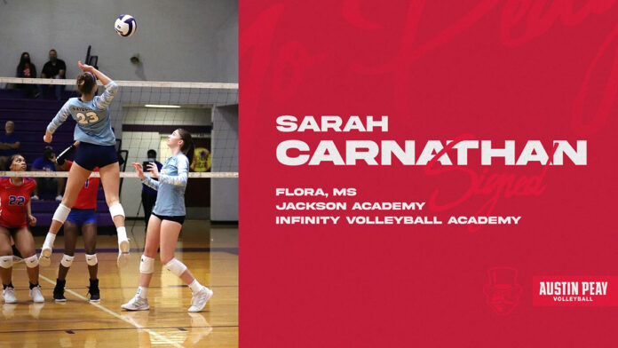 Austin Peay State University Women's Volleyball brings on verstile Sarah Carnathan during 2021-22 early signing period. (APSU Sports Information)