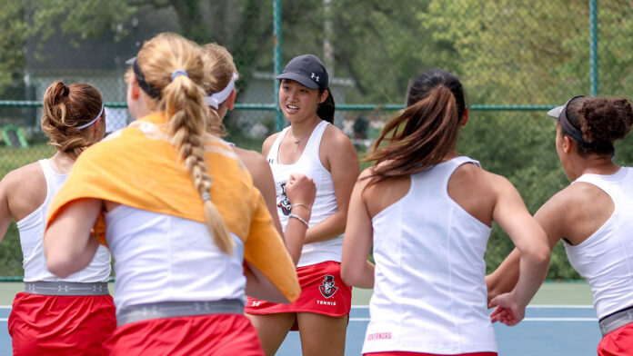 Championship Bound! Austin Peay State University Women's Tennis erases 3-1 deficit against Murray State in OVC Championship Semifinals. (Eric Elliot, APSU Sports Information)