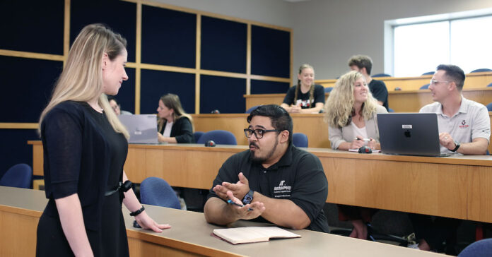 Dr. Andrea Lee works with doctoral student Michael Hidalgo. (APSU)