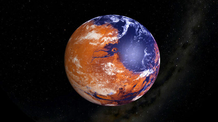 Mars today bear signs of once having had abundant water, with features resembling valleys and deltas, and minerals that only form in the presence of liquid water. This artist’s concept shows how the Red Planet could have appeared billions of years ago. (NASA/The Lunar and Planetary Institute)