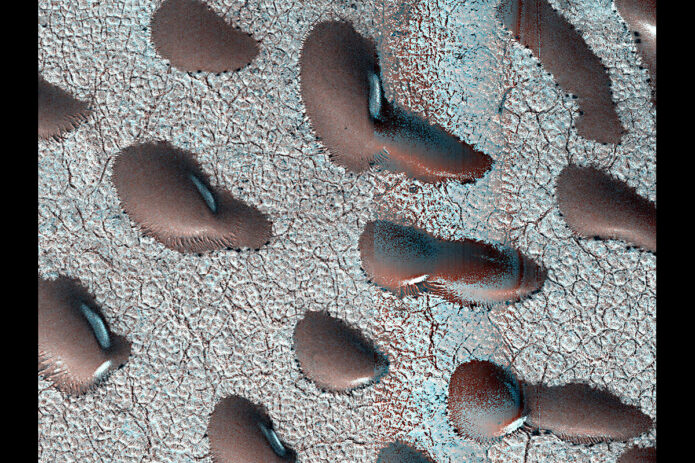 Surrounded by frost, these Martian dunes in Mars northern hemisphere were captured from above by NASAs Mars Reconnaissance Orbiter using its HiRISE camera on September 8th, 2022. (NASA/JPL-Caltech/University of Arizona)