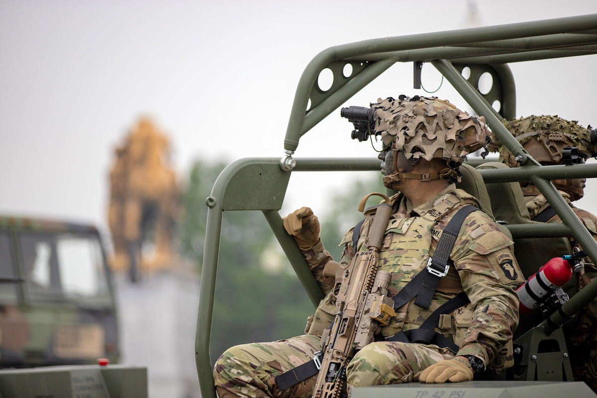 A U.S. Army Soldier assigned to 101st Airborne Division rides in an infantry squad vehicle during the 250th Army Birthday Parade June 14, 2025, in Washington, D.C. The parade recognized the Army’s 250 years of continuous service with marching units, ceremonial elements, and historical displays from every major era. (U.S. Army photo by Sgt. 1st Class Rakeem Carter) A U.S. Army Soldier assigned to 101st Airborne Division rides in an infantry squad vehicle during the 250th Army Birthday Parade June 14, 2025, in Washington, D.C. The parade recognized the Army’s 250 years of continuous service with marching units, ceremonial elements, and historical displays from every major era. (U.S. Army photo by Sgt. 1st Class Rakeem Carter)