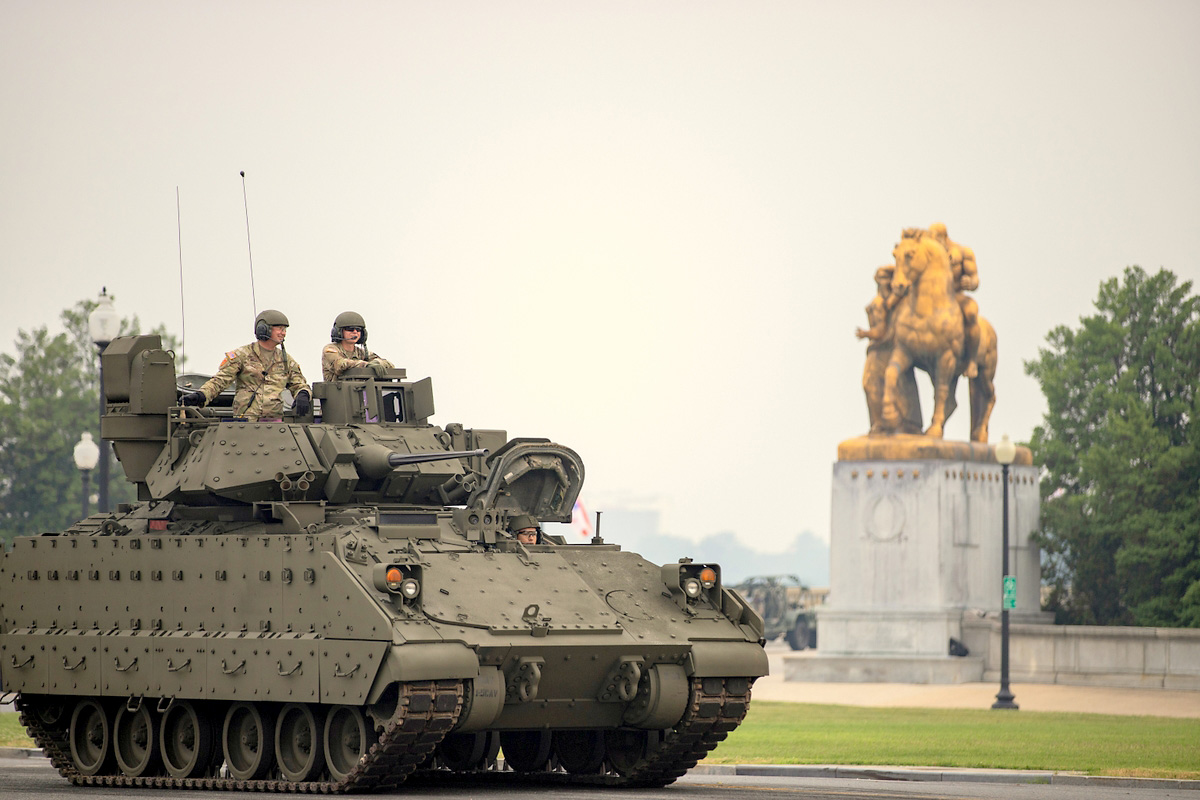 U.S. Army Soldiers, heavy equipment including M1A2 Abrams tanks, and light vehicles including Stryker armored vehicles participate in the 250th Army Birthday Parade June 14, 2025, in Washington, D.C. The parade featured approximately 6,700 Soldiers, 150 vehicles, 50 aircrafts, 34 horses, two mules and one dog to highlight the Army’s 250 years of service to the nation. (U.S. Army photo by Sgt. 1st Class Rakeem Carter) U.S. Army Soldiers, heavy equipment including M1A2 Abrams tanks, and light vehicles including Stryker armored vehicles participate in the 250th Army Birthday Parade June 14, 2025, in Washington, D.C. The parade featured approximately 6,700 Soldiers, 150 vehicles, 50 aircrafts, 34 horses, two mules and one dog to highlight the Army’s 250 years of service to the nation. (U.S. Army photo by Sgt. 1st Class Rakeem Carter)