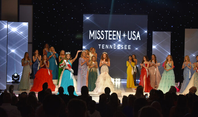 Miss Tennessee Teen USA 2024 Townsend Blackwell waves to the audience after winning the title in Clarksville in March 2024.