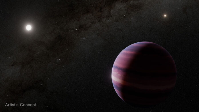 This artist’s concept depicts a gas giant planet that NASA’s Webb telescope found strong evidence for around Alpha Centauri A (upper left). The Alpha Centauri system is home to three stars including Alpha Centauri B (upper right). Our Sun is shown as a small dot of light between those two stars. (NASA, ESA, CSA, STScI, Robert L. Hurt (Caltech/IPAC))
