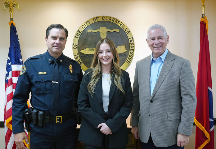 (L to R) Clarksville Police Chief Ty Burdine, Alexis Maher, and Clarksville Mayor Joe Pitts.