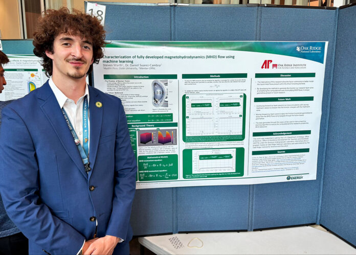 APSU senior engineering physics major Steven Warth presents the research he conducted at Oak Ridge National Laboratory over the summer. (Contributed photo)