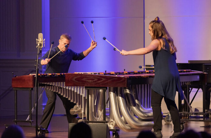 Marimba soloists Andy Harnsberger and Dr. Caitlin Jones perform as The Harnsberger/Jones Duo. (Contributed photo)