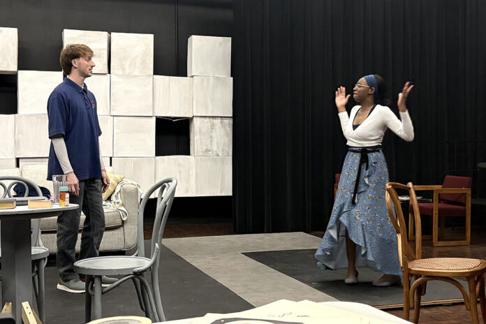 Austin Peay State University students Phillip Hudgins (as Greg) and Neria Reynolds (as Alex) perform during a rehearsal for the university’s upcoming production of “A Kid Like Jake.” (APSU)