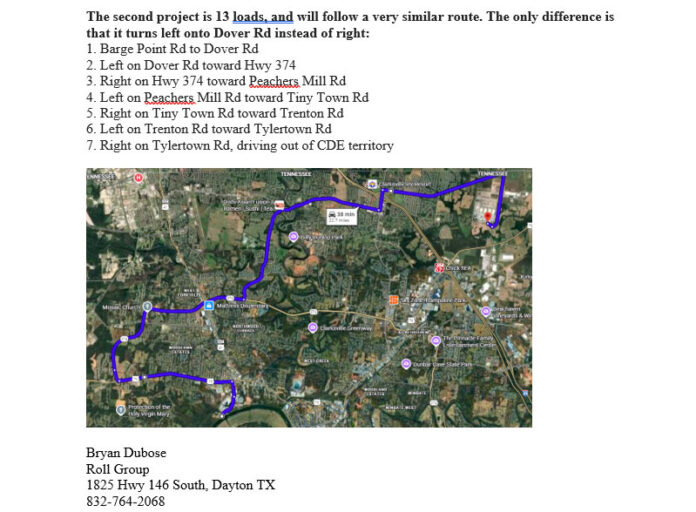 Aerial map of the super load route on February 13, and all subsequent dates