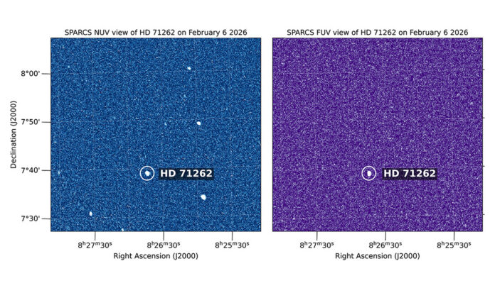 This pair of images shows stars observed Feb. 6, 2026, by the SPARCS space telescope simultaneously in the near-ultraviolet, left, and far-ultraviolet, right. The fact that one star is seen in the far-UV while multiple are seen in near-UV offers insights into the temperatures of these stars, with the one visible in both colors being the hottest. (NASA/JPL-Caltech/ASU)